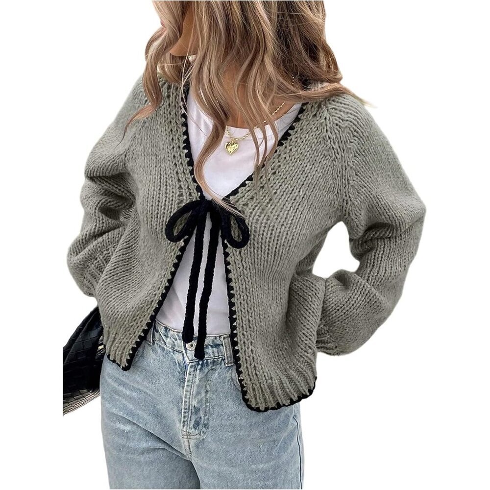 Women's Tie Front Cardigan Knit Sweater Long Sleeve Cropped Casual Top